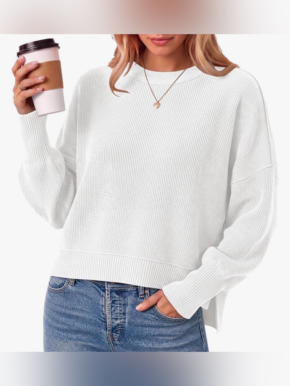Classic Crewneck White cropped Sweater - Picture 2 of 9